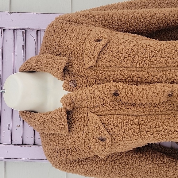 💗 NATURAL REFLECTIONS Sherpa Fleece Teddy Button Up Denim Style Jacket Camel M - Picture 2 of 7
